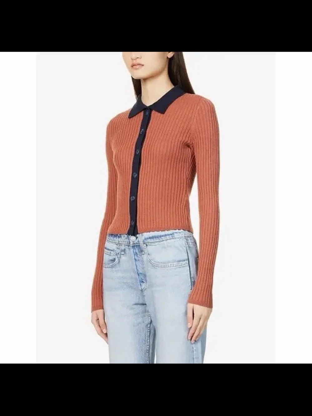 rag & bone Navaya ribbed cotton and cashmere-blend polo cardigan Rust Navy SZ L